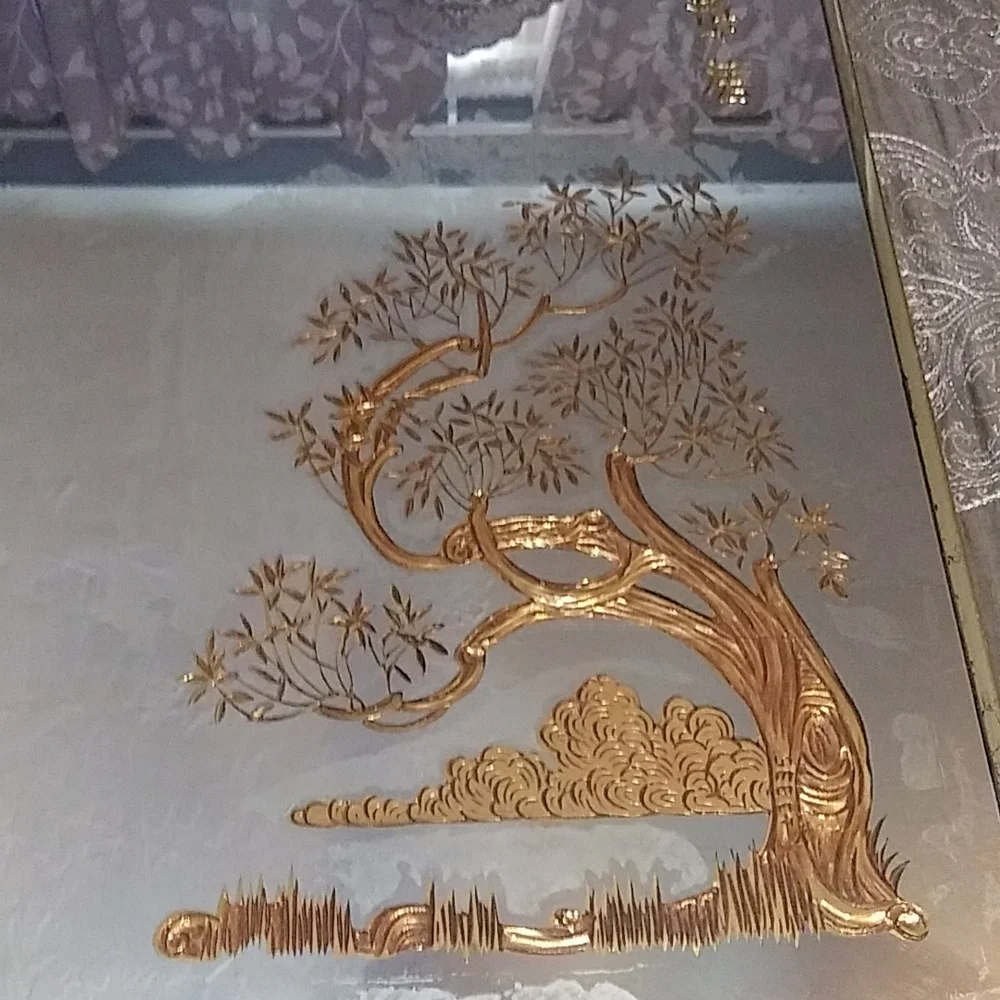 VINTAGE HOLLYWOOD REGENCY ETCHED GOLD JAPANESE MIRRORS 3PC